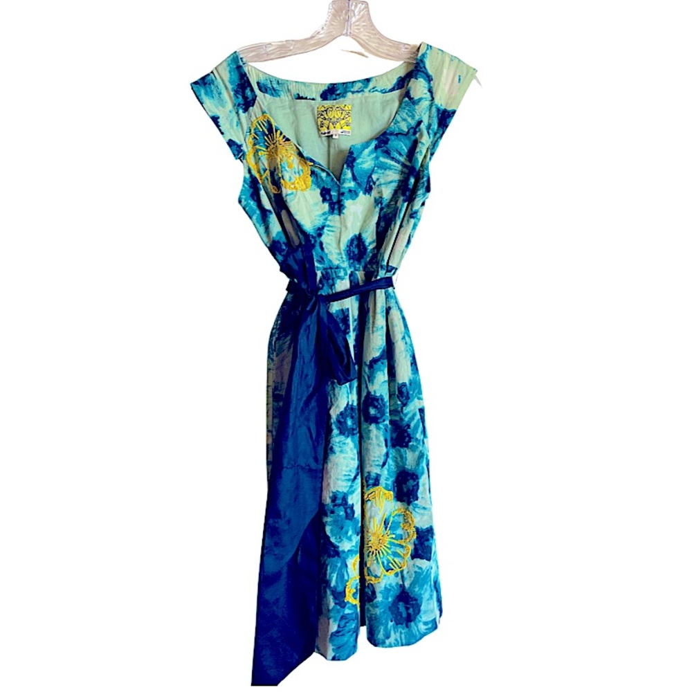 Floreat Anthropologie Blue Floral Sequin Embroidered Midi Dress